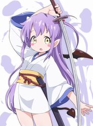  :o blush_stickers commentary_request demon_tail demon_wings female hair_ribbon hiro_hiroki japanese_clothes katana kimono long_hair obi oerba_yun_fang pointy_ears purple_hair ribbon sash sengoku_collection sheath short_kimono side_ponytail solo sword tail tsukahara_bokuden_(sengoku_collection) weapon white_kimono wings yellow_eyes 