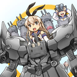  3girls amatsukaze_(kancolle) binoculars blonde_hair brown_eyes brown_hair chibi commentary_request dress grey_hair gundam gundam_unicorn hairband halo kantai_collection komase_(jkp423) long_hair lowres multiple_girls neo_zeong open_mouth parody rensouhou-chan rensouhou-kun sailor_dress school_uniform serafuku shimakaze_(kancolle) short_hair thighhighs two_side_up yukikaze_(kancolle) 