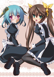  2girls blue_hair brown_hair commentary_request glasses green_eyes highres huang_lingyin infinite_stratos isa_(ni-iro) long_hair maid multiple_girls oerba_yun_fang pantyhose purple_eyes sarashiki_kanzashi short_hair twintails 