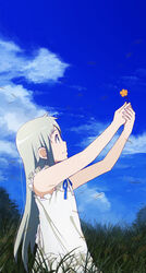  ano_hi_mita_hana_no_namae_wo_bokutachi_wa_mada_shiranai. arms_up bad_id bad_pixiv_id blue_sky cloud day dianthus female flower from_side grass grey_hair holding holding_flower honma_meiko ito_to_yuki long_hair looking_at_flowers orange_flower outdoors outstretched_arms photoshop_(medium) profile sky solo 