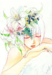  bare_shoulders cheza closed_eyes commentary_request eyelashes female fingernails flower fur hair_flower hair_ornament leaf lily_(flower) lips long_fingernails moaiguma pink_flower red_nails short_hair sleeping solo upper_body white_flower white_hair white_lily wolf&#039;s_rain 