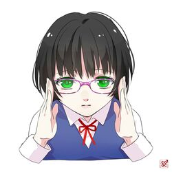  adjusting_eyewear black_hair bob_cut commentary_request expressionless female glasses green_eyes gugure!_kokkuri-san ichimatsu_kohina kaiji0324 looking_at_viewer neck_ribbon polka_dot portrait ribbon short_hair simple_background solo white_background 