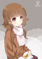  book brown_hair commentary_request female futsuu_no_joshikousei_ga_locodol_yattemita hime_cut jacket leaf long_hair nazukari_mirai scarf simple_background skirt smile solo weshika 