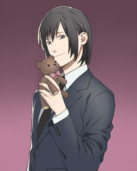  1boy androgynous bad_id bad_pixiv_id black_hair bow dramatical_murder formal grey_eyes male_focus minato_(robin) necktie sei_(dramatical_murder) smile solo stuffed_animal stuffed_toy suit teddy_bear 