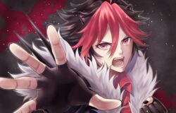  1boy animal_ears black_hair commentary_request crow_(show_by_rock!!) dyed_bangs fangs fingerless_gloves gloves highres male_focus multicolored_hair nail_polish red_eyes red_hair sakunagita show_by_rock!! solo two-tone_hair 