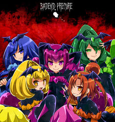  5girls bad_end_beauty bad_end_happy bad_end_march bad_end_peace bad_end_precure bad_end_sunny bat_wings black_bodysuit blonde_hair bodysuit commentary_request dark_persona fingerless_gloves gloves katsuma_rei long_hair multiple_girls pink_eyes pink_hair precure smile smile_precure tiara twintails wings yellow_eyes 