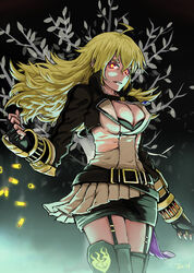  ahoge asymmetrical_clothes blonde_hair boots breasts cleavage commentary_request female garter_straps gauntlets glowing glowing_eyes jewelry jonathan_h large_breasts long_hair necklace pleated_skirt red_eyes rwby shell_casing skirt solo thigh_boots thighhighs yang_xiao_long zettai_ryouiki 