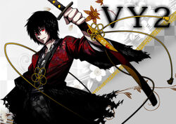  1boy black_hair japanese_clothes katana male_focus original photoshop_(medium) red_eyes smile solo sword vocaloid vy2 weapon yyukke 