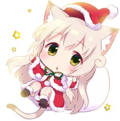  animal_ears blonde_hair cat_ears cat_tail chibi christmas commentary_request female green_eyes hat long_hair looking_at_viewer mini_person minigirl nyanko_days official_art original parted_lips sack santa_costume santa_hat shii_(nyanko_days) simple_background solo tail tarabagani very_long_hair white_background 