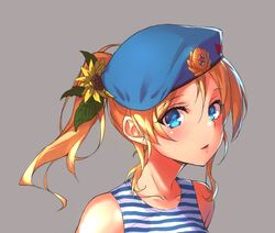  ayase_eli bare_arms beret blonde_hair blue_eyes blush commentary_request fangdan_runiu female hair_ornament hat lips long_hair looking_at_viewer love_live! love_live!_school_idol_project parted_lips ponytail profile russia shirt solo soviet striped_clothes striped_shirt telnyashka vdv 