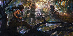  arrow_(projectile) bandages bare_shoulders bow bow_(weapon) brown_hair commentary_request contest_winner dannoura_yuuki female from_behind highres lara_croft long_hair photoshop_(medium) pixiv_tomb_raider_contest ponytail ruins scenery solo temple tomb_raider tomb_raider_(reboot) tree weapon 