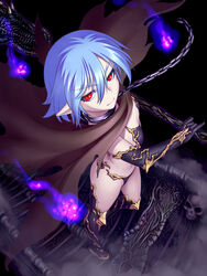  bikini blue_hair boots bridge cape chains commentary_request elbow_gloves eyebrows female flat_chest gloves gochou_(kedama) high_heel_boots high_heels highres hisho_collection hitodama looking_at_viewer official_art pale_skin pointy_ears red_eyes short_hair skull smile solo swimsuit sword thigh_boots thighhighs torn_cape torn_clothes weapon 