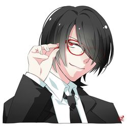  1boy adjusting_eyewear black_hair closed_mouth commentary_request dress_shirt glasses gugure!_kokkuri-san hair_over_one_eye inugami_(gugukoku) kaiji0324 looking_at_viewer male_focus necktie portrait red-framed_eyewear red_eyes shirt simple_background smile solo white_background white_shirt 