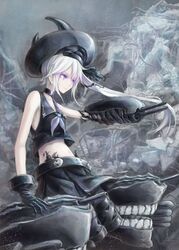  abyssal_ship apoidea cannon colored_skin commentary_request destroyer_princess female gloves hat highres kantai_collection machinery pale_skin photoshop_(medium) purple_eyes side_ponytail white_hair white_skin 