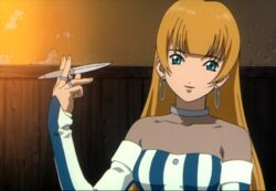  animated animated bangs blonde_hair blue_eyes detached_sleeves dress earrings female female hoop_earrings jewelry knife lachette_altair long_hair looking_at_viewer neck_ring ratchet_altair ring sakura_taisen sakura_taisen_movie sakura_taisen_v shirt smile solo striped striped_dress striped_shirt talking weapon 