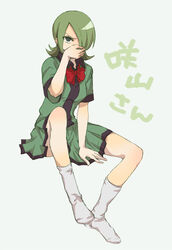  female female footwear full_body green_eyes green_hair higemojyajya inazuma_eleven inazuma_eleven_(series) rule_63 sakiyama_syuji simple_background socks solo 