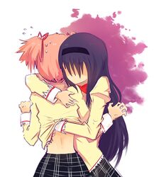  2girls akemi_homura black_hair commentary_request female_pervert hair_ribbon hairband hand_under_clothes hug kaname_madoka long_hair mahou_shoujo_madoka_magica mahou_shoujo_madoka_magica_(anime) mitakihara_school_uniform molestation monster28 multiple_girls pervert pink_hair ribbon school_uniform short_twintails skirt twintails yuri 