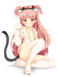  :q animal_ears ass blush commentary_request fake_animal_ears female flat_chest hair_bobbles hair_ornament highres hood hood_down hoodie long_hair looking_at_viewer mikane_sebiri naked_hoodie no_bra no_shoes open_clothes open_shirt original peperoncirno pink_hair pink_thighhighs shirt sitting sleeves_past_wrists solo sweater tail thighhighs tongue tongue_out two_side_up yellow_eyes 