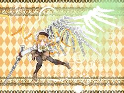  argyle_background beret blonde_hair boots brown_thighhighs commentary_request detached_sleeves drill_hair female fingerless_gloves full_body gloves gun hair_ornament hairpin hat highres kakashichi magical_girl magical_musket mahou_shoujo_madoka_magica mahou_shoujo_madoka_magica_(anime) multiple_weapons pleated_skirt puffy_sleeves ribbon rifle skirt solo striped_clothes striped_thighhighs thighhighs tomoe_mami tomoe_mami_(magical_girl) twin_drills twintails vertical-striped_clothes vertical-striped_thighhighs weapon zettai_ryouiki 