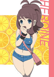  bag bee-j1 blue_eyes brown_hair denim denim_shorts hair_sniffing highres makoto_daikichi midriff pokemon pokemon_(game) pokemon_black_and_white pokemon_bw ponytail ringed_eyes shorts touko_(pokemon) touko_(pokemon) 