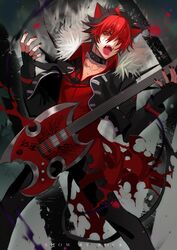  1boy animal_ears black_hair commentary_request crow_(show_by_rock!!) dyed_bangs fangs fingerless_gloves gloves lloule male_focus multicolored_hair nail_polish red_eyes red_hair show_by_rock!! solo two-tone_hair 