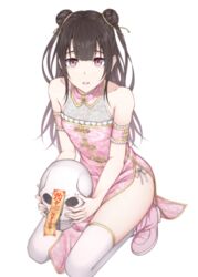  bad_id bad_pixiv_id bare_shoulders black_hair china_dress chinese_clothes double_bun dress female flat_chest hair_bun heisei_yutorin long_hair looking_at_viewer open_mouth original purple_eyes skull solo thighhighs white_background white_thighhighs 