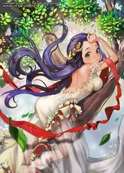  back backless_dress backless_outfit commentary_request dress female green_eyes hair_ornament jewelry leaf long_hair lying on_stomach original purple_hair see-through solo soojie_roh tree 