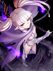  bikini boots bridge cape chains commentary_request elbow_gloves eyebrows female flat_chest gloves gochou_(kedama) high_heel_boots high_heels highres hisho_collection hitodama long_hair looking_at_viewer official_art pale_skin pointy_ears red_eyes silver_hair skull smile solo swimsuit sword thigh_boots thighhighs torn_cape torn_clothes twintails weapon 