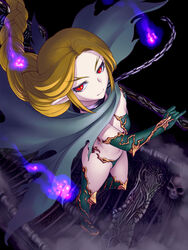  bikini blonde_hair boots braid bridge cape chains commentary_request elbow_gloves eyebrows female flat_chest gloves gochou_(kedama) high_heel_boots high_heels highres hisho_collection hitodama long_hair looking_at_viewer official_art pale_skin pointy_ears red_eyes single_braid skull smile solo swimsuit sword thigh_boots thighhighs torn_cape torn_clothes weapon 