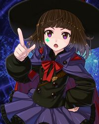  blunt_bangs cape commentary_request facial_mark female hand_on_own_hip hat long_sleeves open_mouth pointing pointing_at_viewer purple_eyes rikken_(terra_battle) short_hair skirt solo terra_battle witch_hat yagitori 