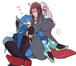  2boys bad_id bad_pixiv_id bird blue_hair boots brown_hair canine couple dramatical_murder dreadlocks fingerless_gloves gloves hand_in_another&#039;s_hair headband heart kiseru kissing_hair long_coat long_hair major_mitchell&#039;s_cockatoo male_focus mink_(dramatical_murder) multiple_boys ren_(dramatical_murder) seragaki_aoba sitting sitting_on_lap sitting_on_person smoking_pipe snj tori_(dramatical_murder) yaoi 