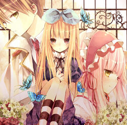  2girls bad_id bad_pixiv_id blonde_hair bow bug butterfly flower gothic_lolita hairbow lolita_fashion multiple_girls original ringo_komachi striped 