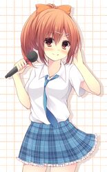  blue_necktie blue_skirt blush commentary_request female girlfriend_(kari) hair_ornament hairclip holding holding_microphone komomo_(ptkrx) microphone necktie plaid plaid_skirt ponytail sakurai_akane_(girlfriend) school_uniform shirt short_hair short_sleeves skirt solo standing white_shirt 