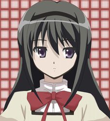  akemi_homura black_hair check_commentary commentary commentary_request endless_eight female hairband long_hair looking_to_the_side mahou_shoujo_madoka_magica mahou_shoujo_madoka_magica_(anime) mitakihara_school_uniform neck_ribbon parody purple_eyes ribbon school_uniform solo style_parody suzumiya_haruhi_no_yuuutsu techi_(sukogana) upper_body 