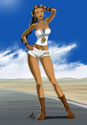  bad_deviantart_id bad_id bangle bare_shoulders blue_sky boots bracelet breasts brown_eyes brown_hair cloud contrapposto dark-skinned_female dark_skin day earrings eyewear_on_head female hair_slicked_back hand_on_own_hip hoop_earrings impossible_clothes jewelry large_breasts legs lipstick makeup michiko_malandro michiko_to_hacchin midriff nail_polish navel necklace photoshop_(medium) polarityplus road shirt shorts sky solo standing strapless sunglasses tattoo taut_clothes taut_shirt tube_top white_shorts 