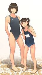  2girls age_difference brown_hair cameltoe competition_swimsuit mizuno multiple_girls one-piece_swimsuit school_swimsuit shinchou_ni_kansuru_kousatsu standing swimsuit 