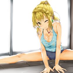  ;) blonde_hair blue_shirt blue_shorts blush braid breasts camisole cleavage closed_mouth collarbone commentary_request dripping earrings female head_tilt heart heart_necklace highres hinabita izumi_ibuki jewelry kuria_(clear_trip_second) medium_breasts necklace on_floor one_eye_closed orange_eyes ponytail shirt short_shorts shorts smile solo split spread_legs straddle_split sweat wooden_floor 