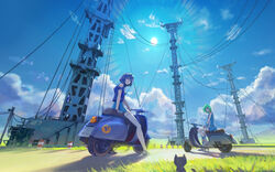  2girls arm_support arsenixc bare_shoulders bob_cut cable cloud crossover eureka_(eureka_seven) eureka_seven eureka_seven_(series) feline fisheye from_ground goggles goggles_on_head grass green_hair highres isle_of_winds light_rays motor_vehicle multiple_girls off_shoulder outdoors purple_eyes purple_hair road sandals scenery scooter shadow short_hair sky structure sun sunbeam sunlight vespa white_legwear yumi_(isle_of_winds) 