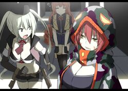  3girls :o anime_coloring arx-160_(girls&#039;_frontline) belt bikini bikini_top_only black_bikini black_gloves black_hat black_legwear blonde_hair blue_eyes blurry breasts cleavage cloak commentary_request day depth_of_field elbow_gloves fake_screenshot girls&#039;_frontline gloves hair_between_eyes hat holster hood hood_up hooded_cloak ks-23_(girls&#039;_frontline) large_breasts letterboxed looking_at_another looking_back micro_uzi_(girls&#039;_frontline) multiple_girls open_mouth outdoors over-kneehighs pouch red_hair scarf short_shorts shorts sky-freedom sleepy swimsuit thigh_holster thighhighs twintails v-shaped_eyebrows walking yellow_eyes 