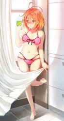  amagi_brilliant_park antenna_hair barefoot bikini blush breasts cellphone commentary_request curtain_grab curtains female front-tie_bikini_top front-tie_top full-face_blush gradient_hair highleg highleg_panties highleg_swimsuit highres indoors leg_up lowleg lowleg_bikini medium_breasts miyabi_(miyabi) multicolored_hair orange_hair panties phone pink_bikini red_eyes salama_(amaburi) smartphone standing standing_on_one_leg swimsuit underboob underwear window 