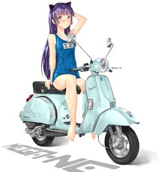  animal_ears barefoot cat_ears commentary_request female full_body gokou_ruri long_hair mega-ne motor_vehicle on_scooter one-piece_swimsuit ore_no_imouto_ga_konna_ni_kawaii_wake_ga_nai purple_hair red_eyes riding school_swimsuit scooter swimsuit translated vespa vespa_p-series 