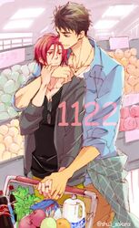  2boys apple arm_around_neck black_hair blue_eyes celery clothes_around_waist coca-cola collarbone commentary_request dated food free! fruit groceries hair_between_eyes height_difference highres holding_hands indoors jacket jewelry long_sleeves looking_at_another male_focus matsuoka_rin milk multiple_boys necklace open_clothes open_jacket red_eyes red_hair ring sakurai_shushushu shirt shirt_around_waist shop shopping_cart sleeves_rolled_up smile sunglasses supermarket twitter_username unworn_eyewear yamazaki_sousuke yaoi 