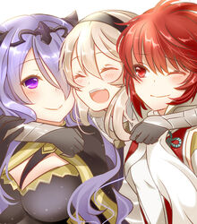  3girls arm_around_neck armor black_armor camilla_(fire_emblem) cheek-to-cheek commentary_request corrin_(female)_(fire_emblem) corrin_(fire_emblem) fire_emblem fire_emblem_fates girl_sandwich hair_over_one_eye heads_together hinoka_(fire_emblem) hug long_hair multiple_girls purple_hair red_eyes red_hair rojiura-cat sandwiched short_hair siblings sisters 