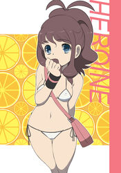  bag bee-j1 bikini blue_eyes breasts brown_hair cameltoe cleavage erect_nipples hair_sniffing highres makoto_daikichi navel pokemon pokemon_(game) pokemon_black_and_white pokemon_bw ponytail ringed_eyes swimsuit touko_(pokemon) touko_(pokemon) 