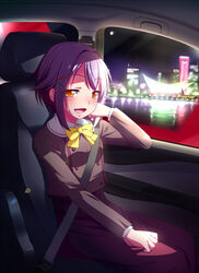  :d blush brown_eyes car car_interior commentary_request female hair_ornament hairclip idolmaster idolmaster_cinderella_girls kobe kobe_maritime_museum kobe_port_tower koshimizu_sachiko looking_at_viewer motor_vehicle natsumi_akira open_mouth purple_hair school_uniform short_hair skirt smile solo 