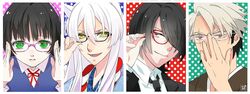  3boys adjusting_eyewear animal_ears black-framed_eyewear black_hair commentary_request expressionless female glasses green_eyes gugure!_kokkuri-san hair_over_one_eye ichimatsu_kohina inugami_(gugukoku) japanese_clothes kaiji0324 kimono kokkuri-san_(gugukoku) long_hair multicolored_hair multiple_boys neck_ribbon necktie polka_dot polka_dot_background red-framed_eyewear red_eyes ribbon scar shigaraki_(gugukoku) short_hair smile two-tone_hair white_hair yellow_eyes 