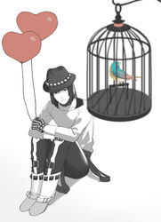  1boy androgynous bad_id bad_pixiv_id balloon bird birdcage boots cage dramatical_murder expressionless gloves hat male_focus minato_(robin) sei_(dramatical_murder) sitting spot_color 