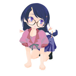  all_fours black_hair braid commentary_request digdy_pic female glasses hanekawa_tsubasa highres long_hair monogatari_(series) naoetsu_high_school_uniform purple_eyes ribbon school_uniform solo 