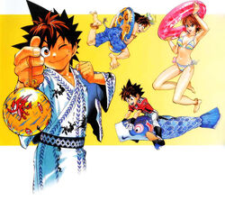  1boy alternate_costume anezaki_mamori balloon barefoot bikini brown_hair chibi eyeshield_21 female fish football football_uniform glass gloves ice innertube kobayakawa_sena murata_yuusuke outside_border sportswear straw swim_trunks swimsuit uniform wink 