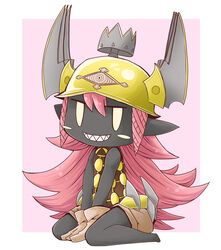  between_legs black_skin blush_stickers brown_gloves chibi colored_skin commentary_request female final_fantasy gloves hand_between_legs helmet looking_at_viewer monster_girl pink_hair pointy_ears princess_goblin_(woff) sharp_teeth sitting solo teeth world_of_final_fantasy yanbee 